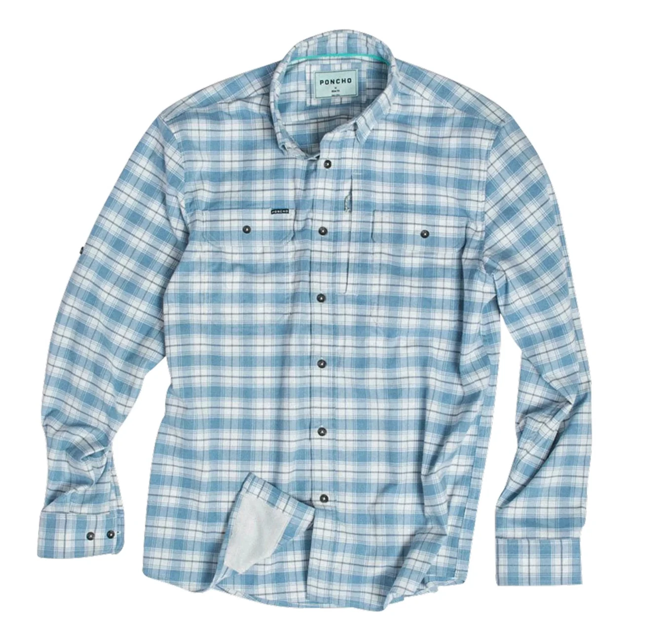 🧡Poncho Men's Size XL Blue Plaid Flannel Shirt Magnetic Pocket Outdoor Fishing