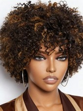 Short Blonde Brown Highlights Kinky Curly Pixie Cut Wigs Afro Wig for Women
