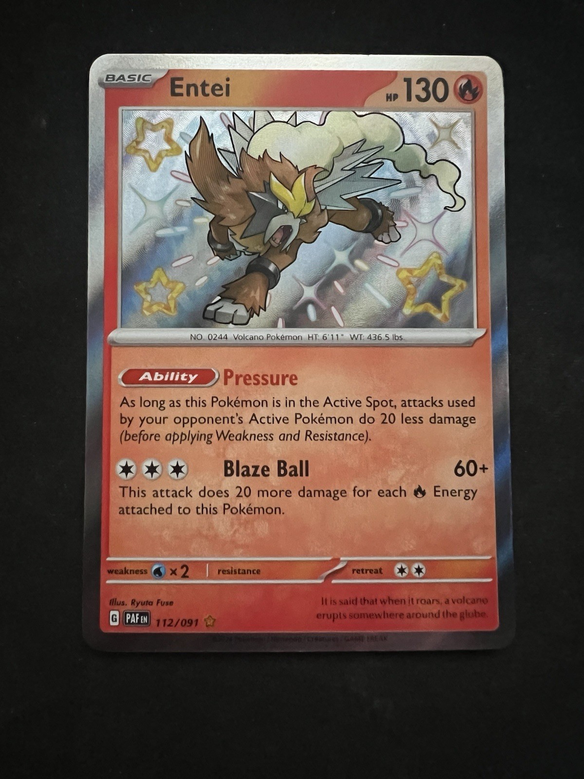 Entei - 112/091 - Pokemon Paldean Fates Shiny Rare Card NM