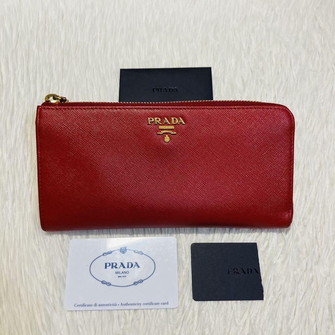 Prada Red Leather Slim L-Shape Zipper Long Wallet Card Holder