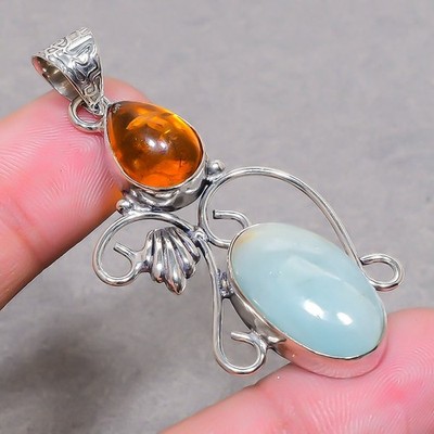 Aquamarine Baltic Amber Gemstone Jewelry Handmade Fashion Pendant 1.9'' SR 3390