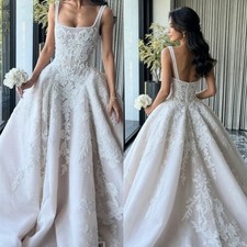 Sleeveless Lace Ball Gown Wedding Dress White Square Neck Floral Embroidery