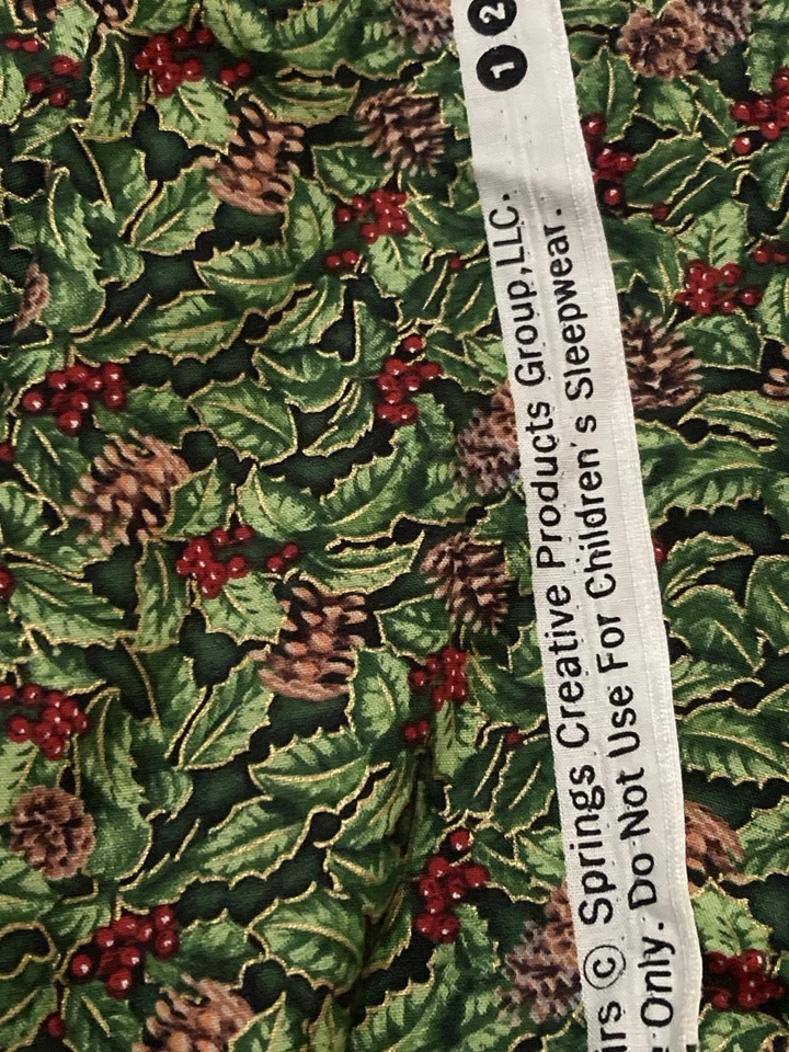 Cotton Fabric Green Holly Red Berries Pinecones Gold Metallic Accents 31" x 44"W - Image 3 of 3