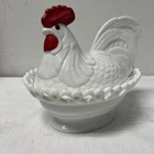 Vtg Westmoreland Rooster Hen on Nest Milk Glass Candy Trinket Dish Lid Farmhouse