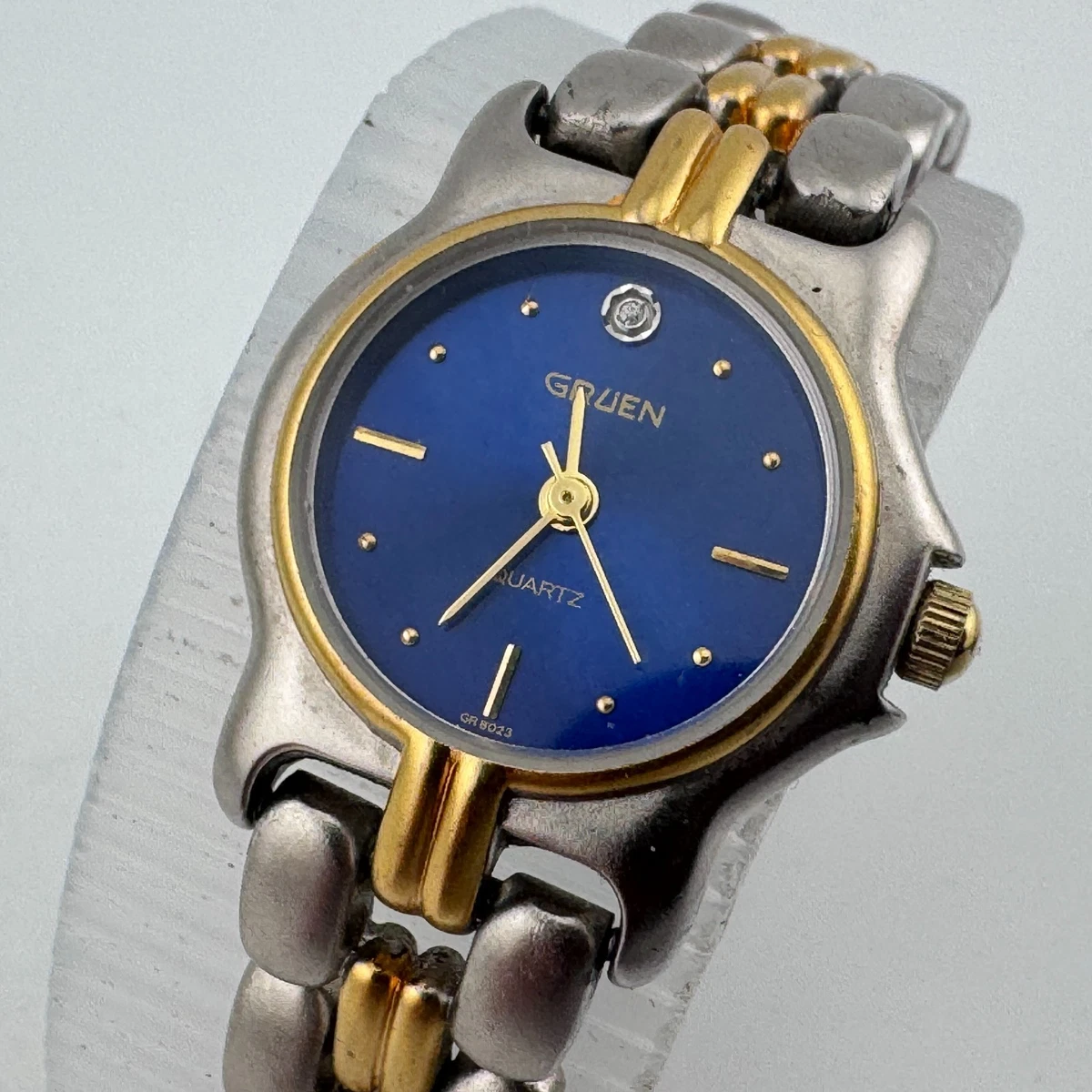 Gruen GR7425 Vintage Gold Tone Hinged Bangle Watch Blue Faceted Dial Gruen ladies hinged cuff bangle style watch | Mercari main image 4