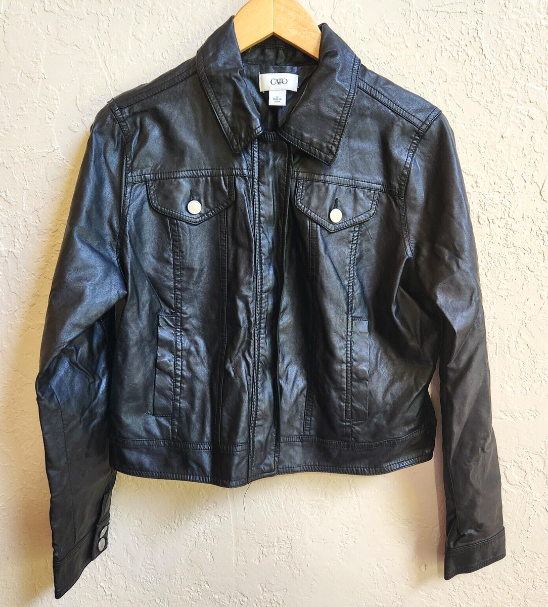 Cato Moto Biker Jacket Womens M Black Faux Leather Collared Zip Pockets  Lined