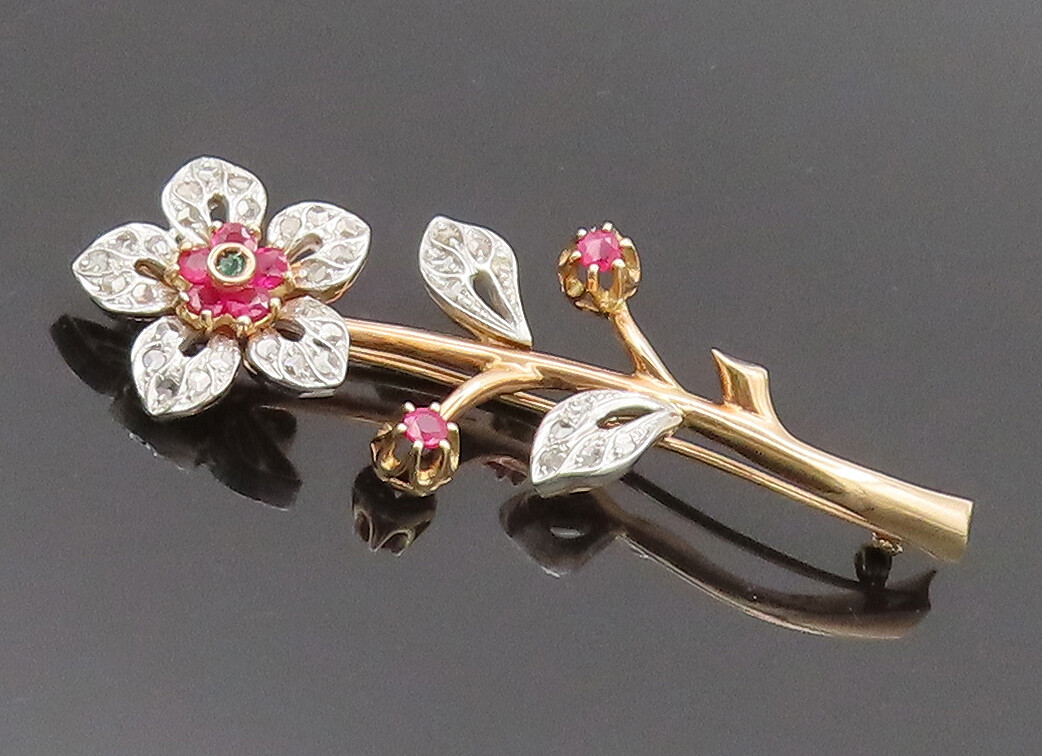14K GOLD Vintage Ruby Emerald & Old Cut Diamonds Floral