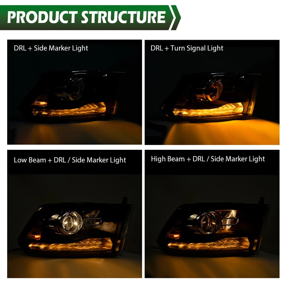 Fit For 2009-2018 Ram 1500 2500 3500 Clear Black Projector Headlights w/LED DRL - Image 4 of 4