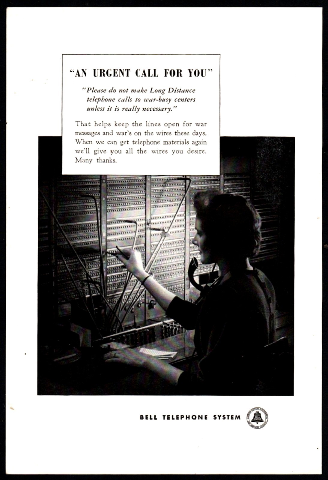 1943 WWII BELL TELEPHONE Long Distance Switchboard Operator Photo AD