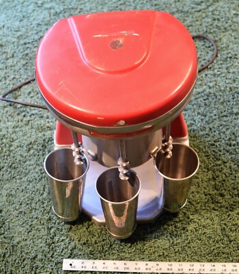 WORKING Vintage Red Price-Castle Multimixer 9B 3 Head Milkshake Mixer w/ 3 cups
