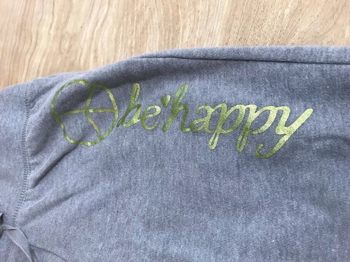 Old Navy Size XS (5) “Be Happy” Sparkle Gold Accent Gray Peace Pants Sweat - Picture 3 of 9