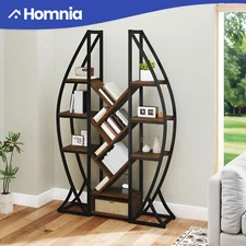 5 Tier Oval Bookshelf Bookcase Wooden Etagere Rack Display Home Rustic Brown