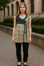 Geometric Cream base with V-Neck with front embroidery Sleeveless, Tunic, Kurti.