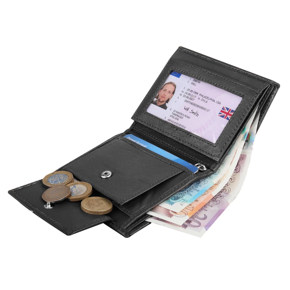 RFID BLOCKING SOFT REAL LEATHER WALLET CREDIT CARD HOLDER CHANGE PURSE 48 BLACK - Image 4 of 4