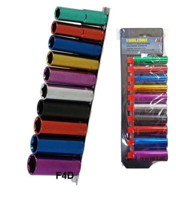 10PC 1/2'' DRIVE DEEP SOCKET SET MULTI COLOUR METRIC LONG REACH 13-24MM ON RAIL 