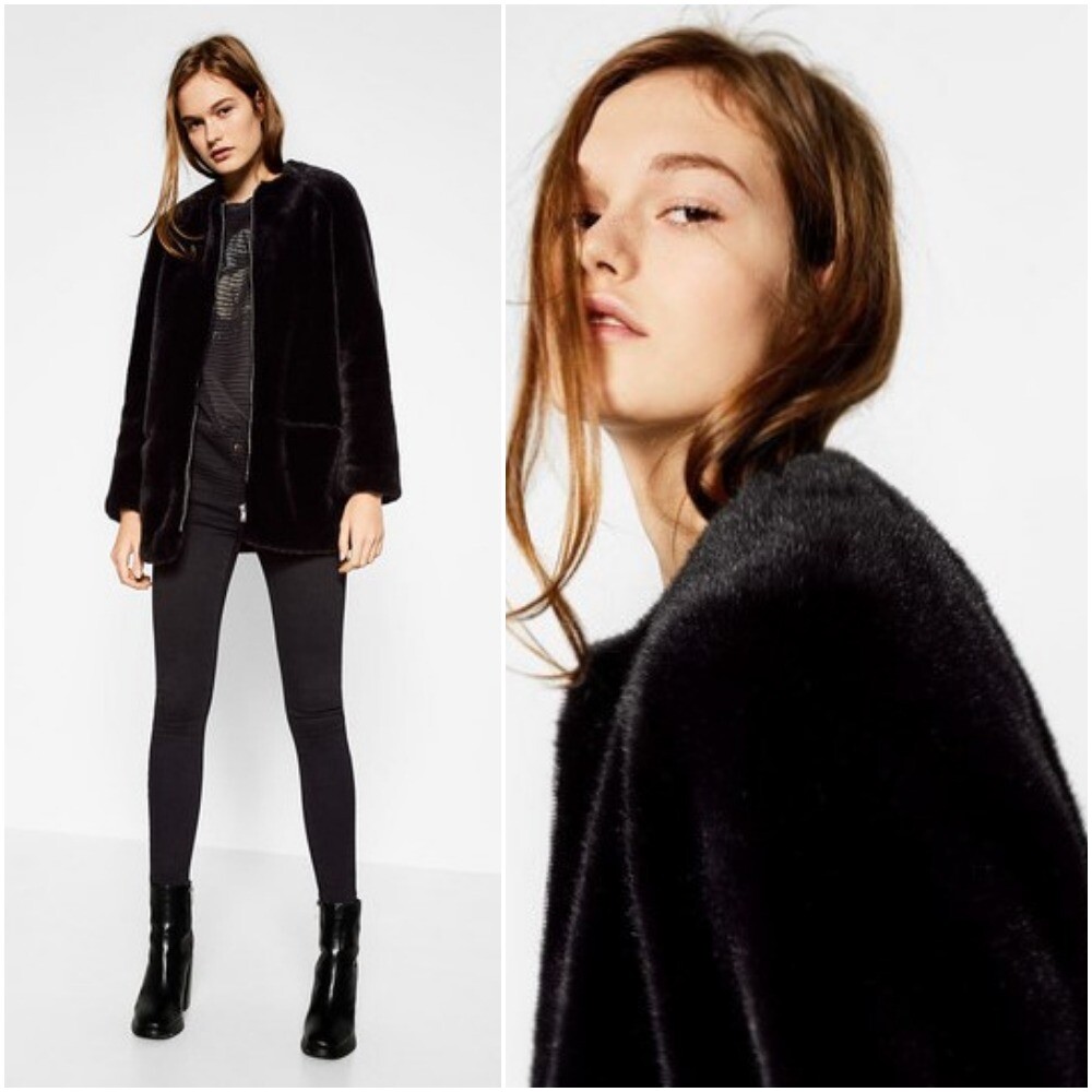 ALTRA GIACCA GIROCOLLO ZARA NERA MORBIDA PELLICCIA SINTETICA TAGLIA L