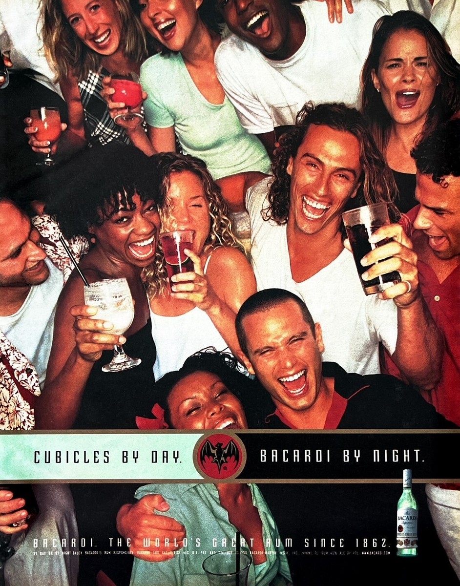 1999 BACARDI RUM Large Vintage Print Ad Cubicles by Day, Bacardi