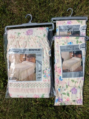 Vintage Regency Quilted Top Ruffle Pale Yellow, Pink Blue Floral SET 