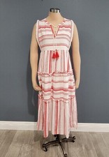 CHARTER CLUB Red White Striped Smock Boho Maxi Flare Dress S