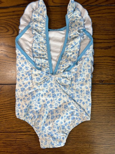 SweetHoney Moxie One Piece Blue Floral Swim Suit EUC Ruffle Bow Swimsuit Size 4T - Picture 3 of 4