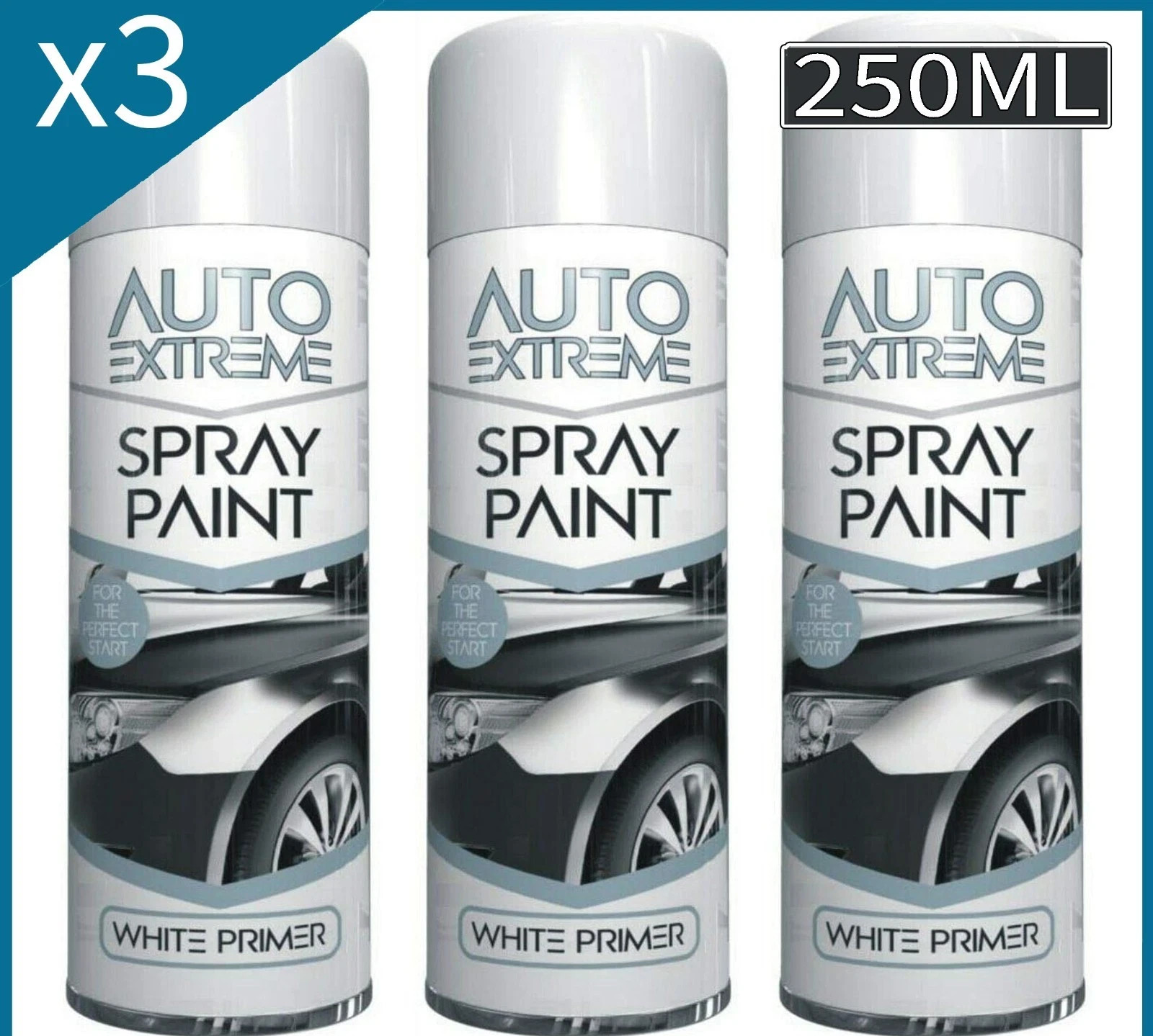 3 x WHITE PRIMER AEROSOL SPRAY PAINT 250ML FAST DRYING FOR AUTO CAR METAL NEW