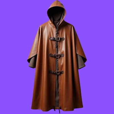 Luxurious Brown Leather Hooded Cloak- Steampunk Style Cloak