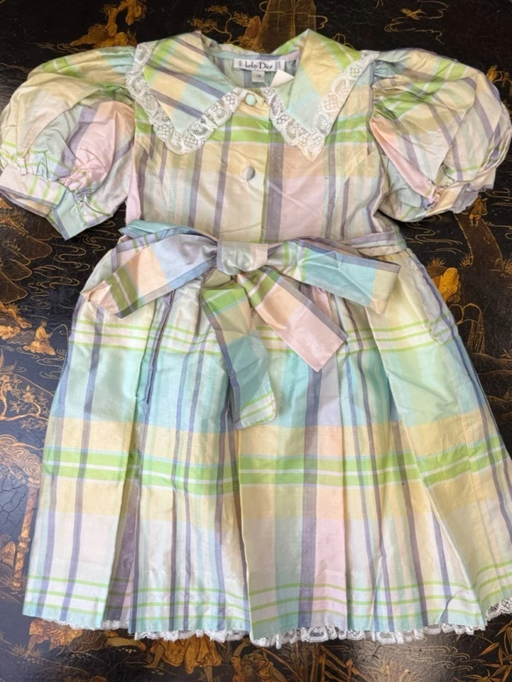 NOS Vintage BABY DIOR Plaid Pastel Silk & Lace Dress * 18 Months * New Old Stock - Image 4 of 4