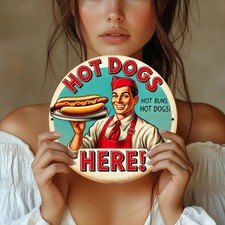 2D Flat, 1pc, Vintage Hot Dog Vendor themed round Tin Metal Signs - durable, eas