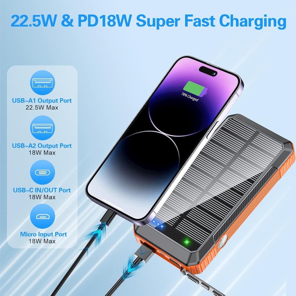 52800mAh Wireless Power Bank with 4 Built-in Cables 7 Outputs 22.5W Fast Charging Orange