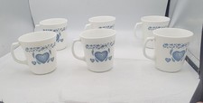 Vintage Corning Blue Hearts D Handle Set Of Six Coffee Mugs GUC