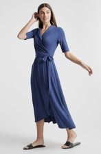 Quince Tencel Jersey True Wrap Dress Midi Small NWT Blue Stretch Boho Party Tie