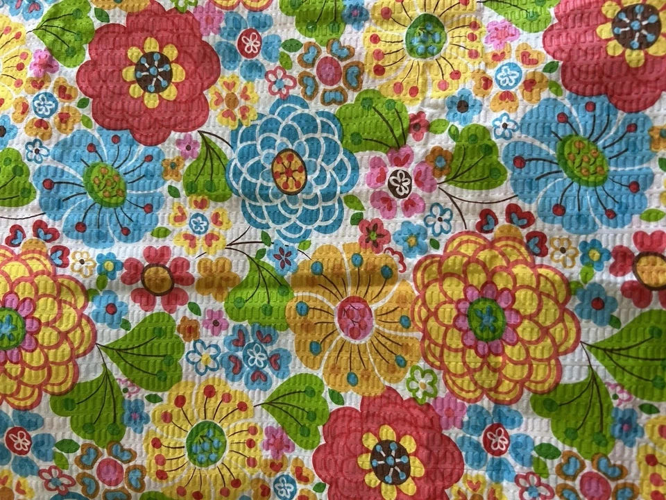 TELA Seersucker rosa turquesa floral DSN#21200 margarita flores Zinnia Foto 2 de 4