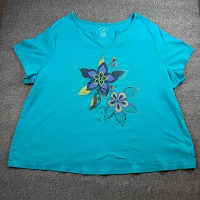 White Stag Graphic Tee Women's 3X Blue Floral Split Neck Cotton T-Shirt