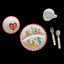 Vintage Disney Mickey Mouse Melamine Child Dishes Utensils Plate Bowl Cup FLAW