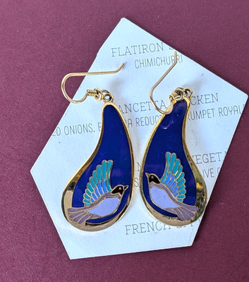  Laurel Burch Earring SWALLOW Bird Dangle Earrings Royal Blue Turquoise Gold
