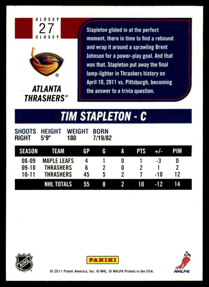 2011-12 Score Glossy Tim Stapleton Atlanta Thrashers #27 - Image 2 of 2