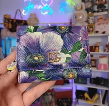 D&G Limited Edition Rare Purple Leather Floral Daisy Compact Tri-Fold Wallet