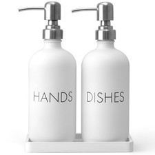 White Dish and Hand Soap Dispenser Set - Glass Kitchen Soap Dispenser with Tr...
