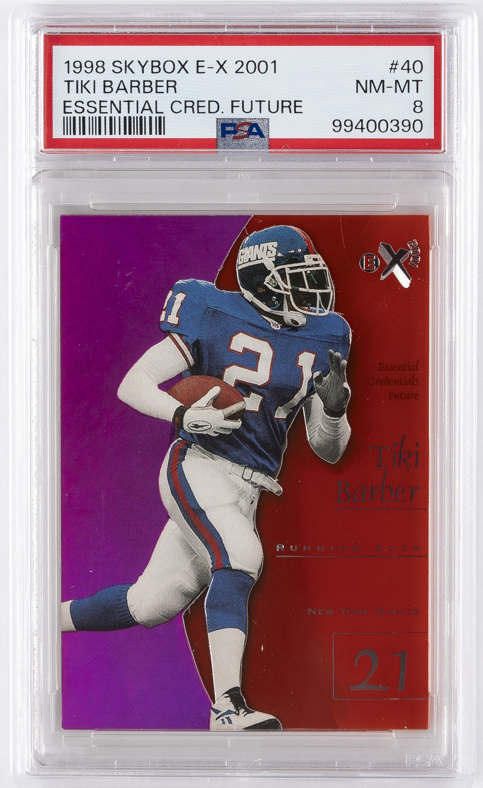 1998 SKYBOX E-X2001 ESSENTIAL CREDENTIALS FUTURE #40 TIKI BARBER 3/21 PSA 8