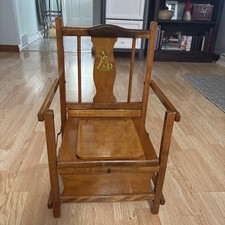 Antique Oak Wood Commode Chamber Potty Chair With Arm Folding Dog Decal 1950  s