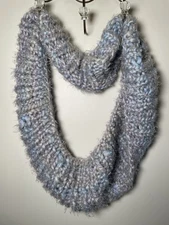 Fuzzy Knit Infinity Scarf ~ Gray Blue Purple 9" x 26"