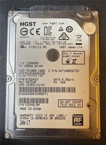 HGST, 1TB, 7K1000-1000, HTS721010A9E630, S/N: D33VALSM, SATA HDD