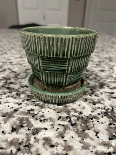 Vintage McCoy Basketweave Green Small 3 1/4"  Pot Planter 1950s