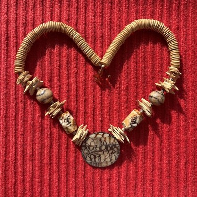 Vintage Bohemian Wooden Disc Chunky Necklace 44  inches Long W/ Coconut Shells