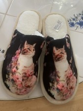 New Ladies Cat Motif Slippers Size 6
