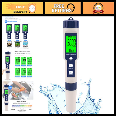 5-in-1 Digital Pool Salt Tester & pH Meter, Salinity, Temp, EC & TDS Meter for A