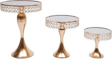 3 PCS Gold Cake Stand Set Crystal Cupcake Dessert Plate Display Tower Mirror