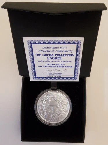 SILVER ROUND, THE MUCHA COLLECTION, LAUREL, SILVER PROOF, .999, WITH COA