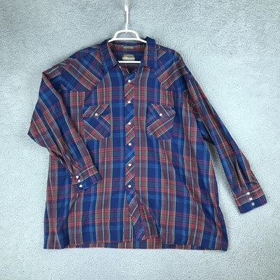 Plainsman Shirt Mens 2XL Big Blue Red Plaid Pearl Snap Western Long Tail