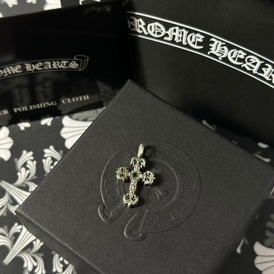 Chrome Hearts Filigree Cross Emerald Pave Charm Pendant 925 Sterling Silver